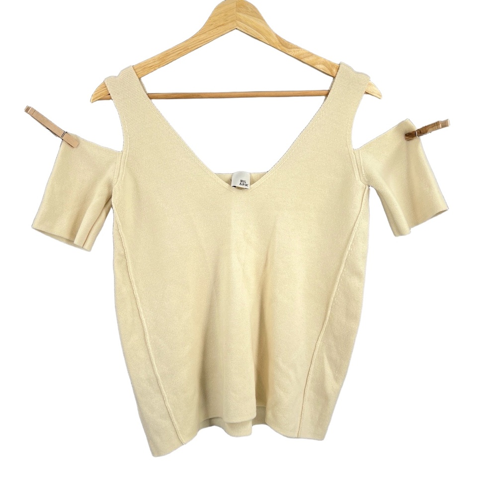 IRIS & INK Wool Sweater Cream Cold Shoulder Knit Top Reverse Seam Short Sleeve S